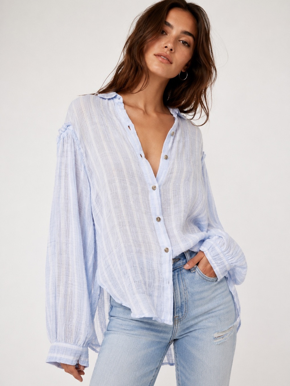 Free People Headed The Highlands Blue Stripe Button Down Shirt XS